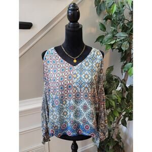 COCO BIANCA Blouse Women's Multicolour Size M Boho Sheer Cold Shoulder Top